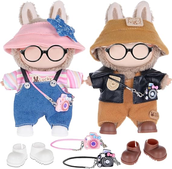 dollbie 2 Sets Kawaii Doll Clothes for 17cm Plush Dolls - Replacement Fashion Outfit Collection Mix & Match Fun with Hats & Accessories Fits 6.7 Inch Mini Dolls (No Doll No Glasses)