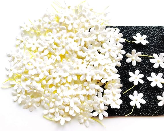 PL Set of 50 Tiny White Flowers Embellishment with Thread stem Size 0.55" Mulberry Paper Flowers Craft Supplies Scrap Booking Embellishments for so Many Card Craft Projects