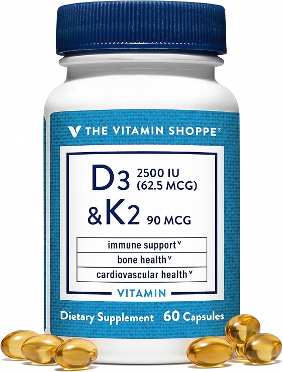 The Vitamin Shoppe Brand Vitamin D3 2500 IU & K2 90 MCG, 60 Capsules