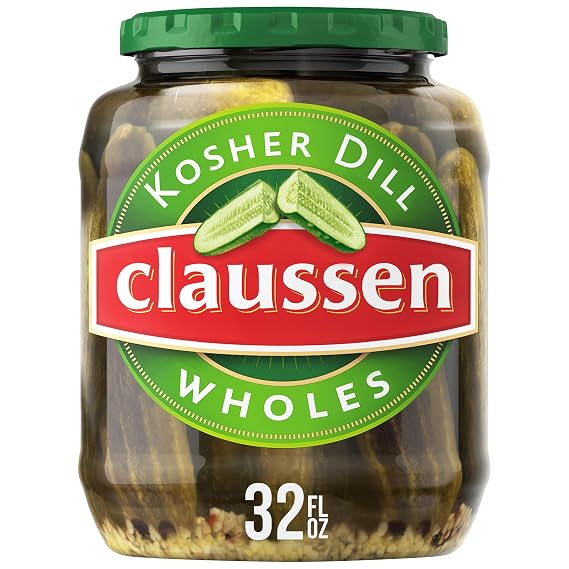 Claussen Kosher Dill Pickle Wholes, 32 fl. oz. Jar | No MSG or Artificial Colors, Kosher Dill Pickle Wholes, Crafted with Fresh Cucumbers, Always Refrigerated
