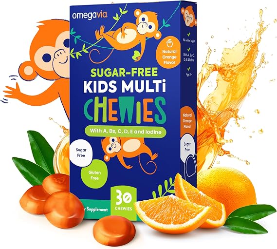 OmegaVia Kids Multivitamin Sugar Free Chewies, Daily Chewable Multivitamins for Kids 3+, Vitamin C Vitamin D3 Vitamin A Vitamin E Vitamin B12 & B6 Folate & More, Gluten Free, Orange Flavor, 30 Count