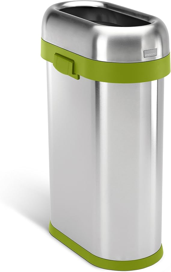 simplehuman 50 Liter / 13.2 Gallon Slim Open Top Trash Can, Commercial Grade Heavy Gauge, Brushed Stainless Steel with Green Trim