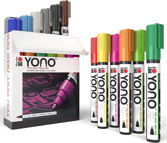 Marabu YONO Acrylic Paint Markers for Canvas - 12 Professional Paint Pens for Rocks, Glass, Leather, Graffiti, Sneakers and Shoes