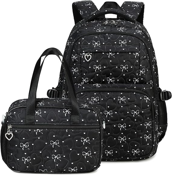Createy Bow Prints Backpack for Girls Backpack with Lunch Box Kids Bookbags Preschool Kindergarten Primary Elementary (Black)