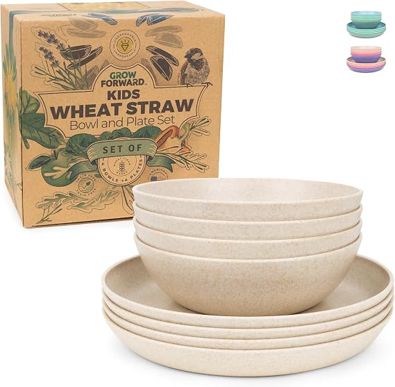Grow Forward Wheat Straw Kids Plates and Bowls Sets - 8-Piece Unbreakable Dishwasher & Microwave Safe Plastic Plates for Kids - Reusable Non Toxic BPA-Free Dinnerware for Children - Sahara