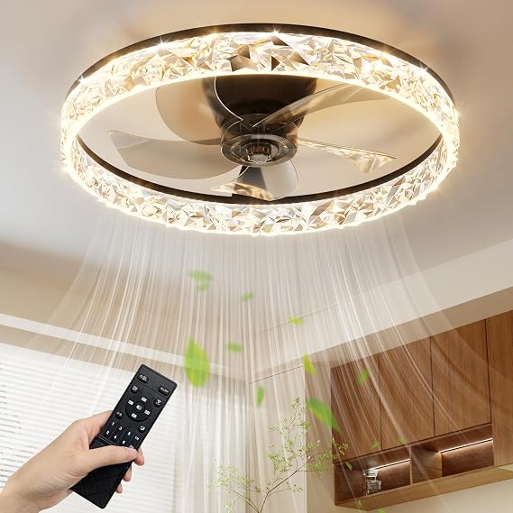 NIORSUN 40CM LED Ceiling Fan with Lights and APP Remote, 3000K/4500K/6000K Stepless Dimmable Low Profile Ceiling Fan, Flush Mount Ceiling Fans,6 Speeds Ceiling Fan Light for Bedroom Living Room（Black） [Energy Class C]