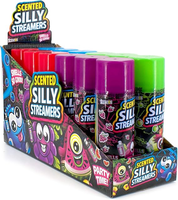Scentos Scented Silly Streamers 12-Pack 3-Ounce Cans Party String, Assorted Colors. Party Streamers. Each of the 4 colors (red, purple, blue, and green).
