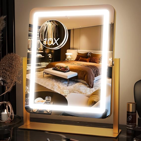 15" x 13" Vanity Mirror with Lights, Makeup Mirror with Lights and Magnification, 3 Color Modes, Dimmable Brightness and Memory, Desk Mirror with Light for Makeup,Gold Lighted Vanity Mirror