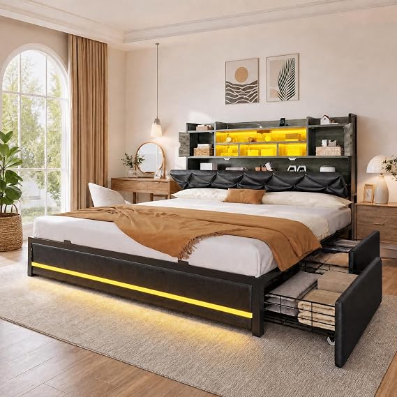 DWVO Queen Size Bed Frame with RGB LED Lights & Storage Bookcase Headboard,