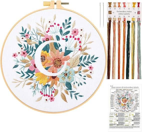 JSRQT Letter C Flower Embroidery Starter Kit, Full Range Embroidery Kit for Beginner Adults, Cross Stitch Handmade Embroidery Kit with Tool Including Embroidery Hoop Needle and Threads for Craft Lover