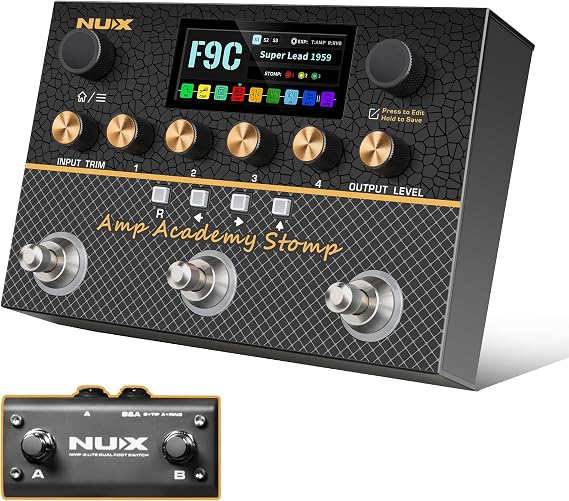 NUX Amp Academy Stomp Compact Amp Modeler, Multi Effects Pedal, 3-Footswitch Modelers, 9 EFX blocks, Stereo IR Engine,2.86 Color LCD Display,Ultra-Low Latenc, USB Audio Interface