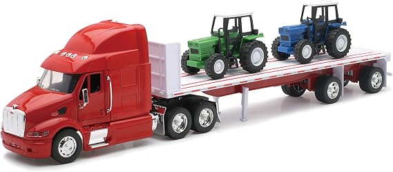 Peterbilt Truck with Flatbed Trailer and 2 Farm Tractors: Diecast and Plastic Model - 1:32 scale
