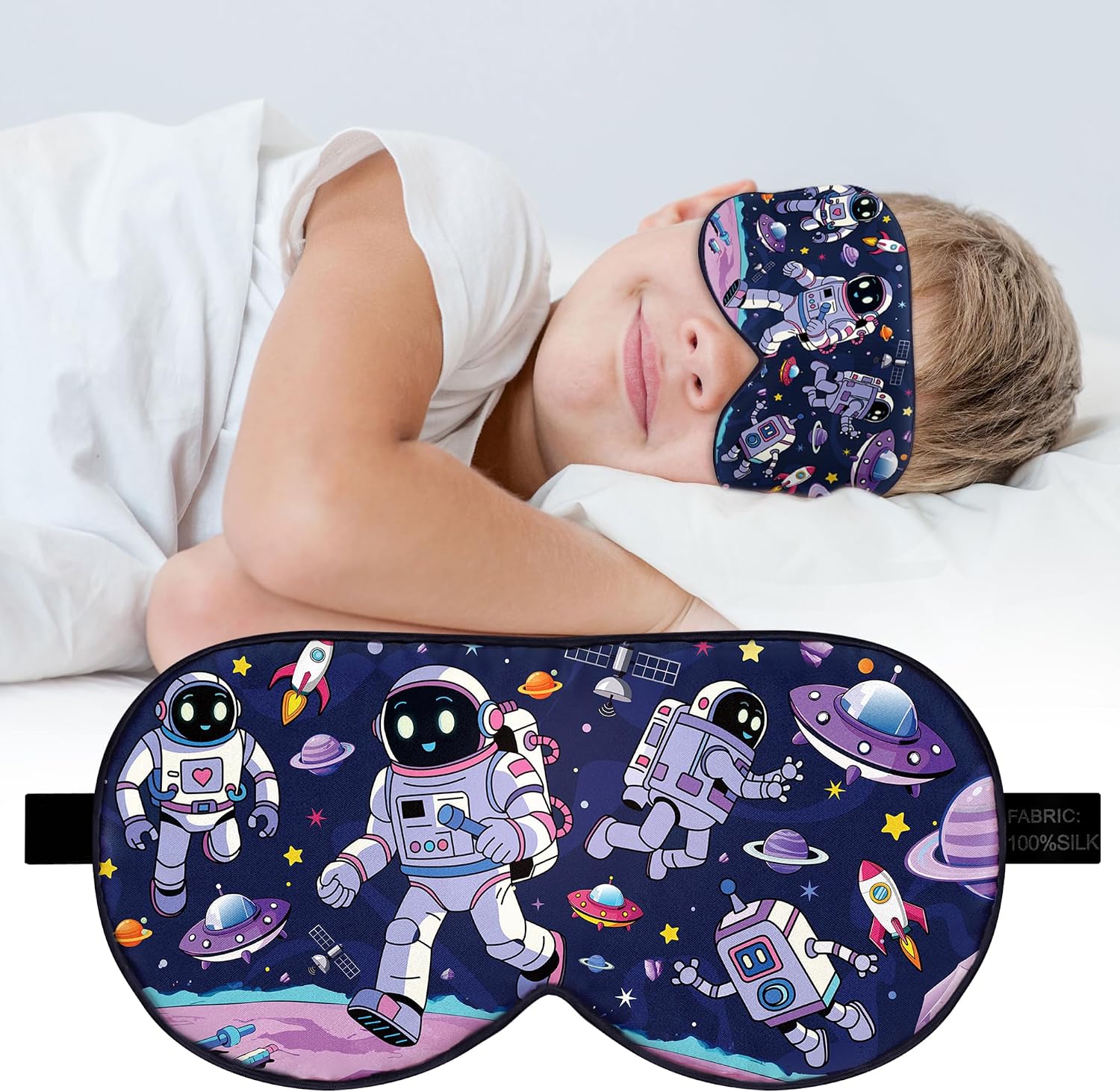 Silk Kids Sleep Mask: 100% Mulberry Silk Eye Mask, Sleeping Masks with Adjustable Strap, Soft & Light-Blocking Printed Kid Eye Cover for Boys Girls Teens Aged 5-15 Alien Theme