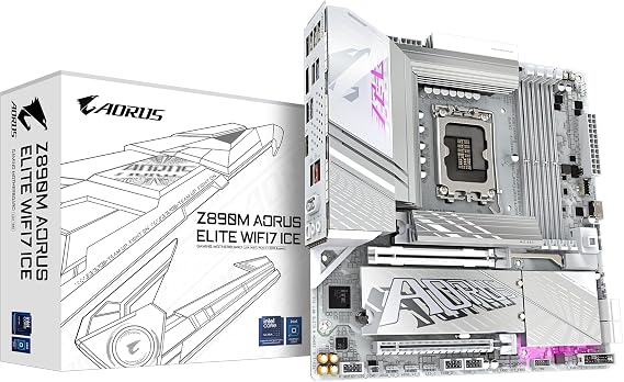 GIGABYTE Z890M AORUS Elite WIFI7 ICE Motherboard - Supports Intel Core Ultra (Series 2) CPUs, 12+1+2 Phases VRM, up to 8800MHz DDR5 (OC), 1xPCIe 5.0 + 2xPCIe 4.0, Wi-Fi 7, 2.5GbE LAN