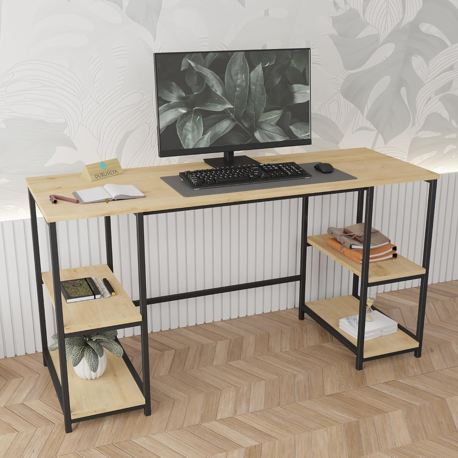140x50 cm Metal Çalışma Bilgisayar Ofis Masası Kitaplıklı Meşe