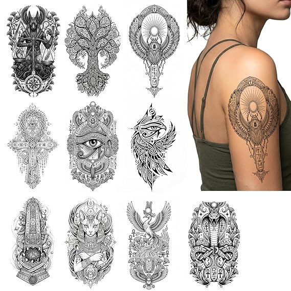 AWLEE Temporary Tattoos for Women Men, Egyptian Designs, 10 Sheets