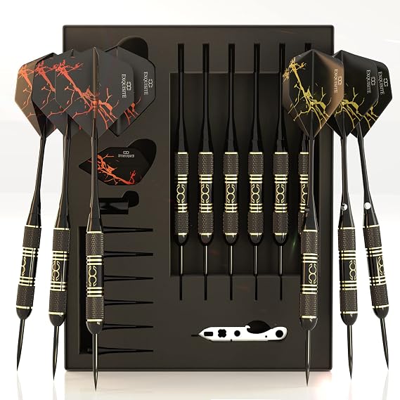 CC-Exquisite Professional Steel Tip Darts Set - 6 x 22g Brass Barrels with 12 Flights Standard/Slim, 12 Aluminum Shafts 35/48mm, 12 O-Rings, Dart Tool, Dart Sharpener and Case…