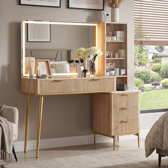 T4TREAM 48" Fluted Vanity Desk with 36'' LED Lighted Mirror,Natural Oak