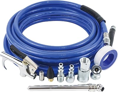 Air Compressor Accessories Kit, 9 Pieces, 14 Inch 25FT PVC Hose, Deep Blue, Includes Blow Gun, Fittings, Chuck, Tire Gauge, 300 PSI