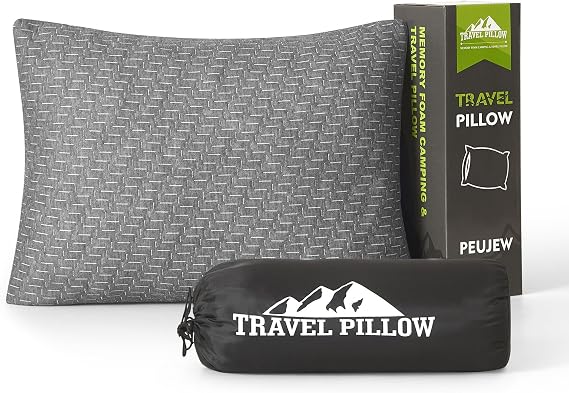 Travel Pillow Memory Foam Pillow Camping Pillow Small Pillow 40 x 30 x 12 cm Travel Pillow with Waterproof Pack Bag Ideal for Plane Car and Camping (S Grey)