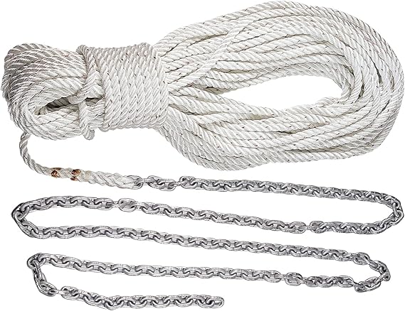 Lewmar Boat Anchor Rode for Windlasses - 15' 1/4" G4 Chain, 200' 1/2" Rope with 5/16" Shackle, High-Test-Rated Galvanized Links, Hand-Sewn Whipping