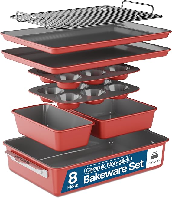 Bakken 8-Piece Ceramic Coated Bakeware Sets, Nonstick Aluminized Steel Pans with Muffin, Loaf, Cake, Roasting Pan, Cooling Rack, Oven Safe Up To 500F, Dishwasher Safe, BPA, PTFE & PFAS Free, Pink