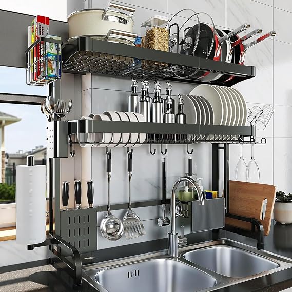 LIVOD Over The Sink Dish Drying Rack,3 Tier Adjustable Length Full Stainless Steel Large Storage Kitchen Dish Rack,for Kitchen Counter Expandable Multifunctional Organizers,Silver (25.5'' to 37.6'')