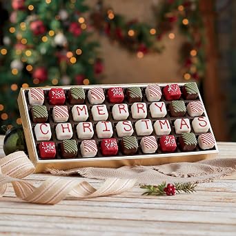 The Wisconsin Cheeseman Merry Christmas Petits Fours Gourmet Mini Layer Cakes in Red Velvet, Strawberry Shortcake, Chocolate Cake, and Vanilla Holiday Dessert or Cake Assortment Gift