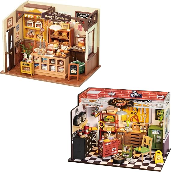 ROBOTIME Miniature House Kit DIY Mini Dollhouse Tiny House Making Kit with LED Light Decorative Wooden Craft Diroma Kit Hobby Gift (Garage Workshop&Becka's Baking House)