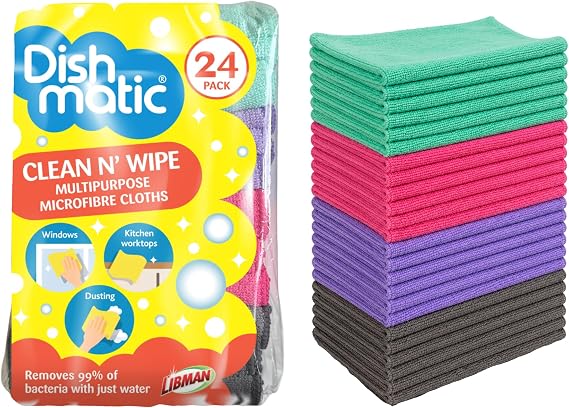 Dishmatic Clean N' Wipe Multipurpose Microfiber Cleaning Cloths, 24 Pack, Reusable Machine Washable Microfiber Towels, Highly Absorbent, Lint Free, Streak Free Cleaning