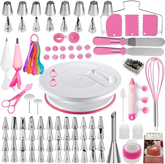 Cake Decorating Kit, 137pcs Cake Decorating Supplies with Cake Turntable for Decorating, Pastry Piping Bag, Russian Piping Tips Baking Tools, Cake Baking Supplies for Beginners (Pink)