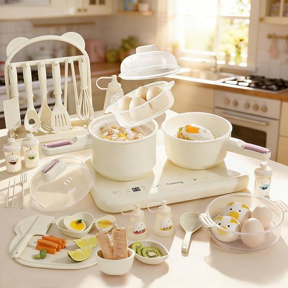 Children's Electric Cooking Set with Double Hobs - Complete Children's Kitchen Accessories Including Cookware Children & Safe Children's Chef's Knife, for Children from 8-12 Years (Beige)