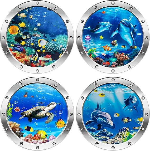 3D Wall Sticker Underwater World, 4 Pieces Wall Sticker Bathroom Porthole Decoration, Wall Sticker Bathroom Pictures Porthole Underwater World Wall Sticker (Turtle Silver)
