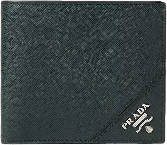 Prada Dark Green Saffiano Leather Bifold Wallet Metal Logo New