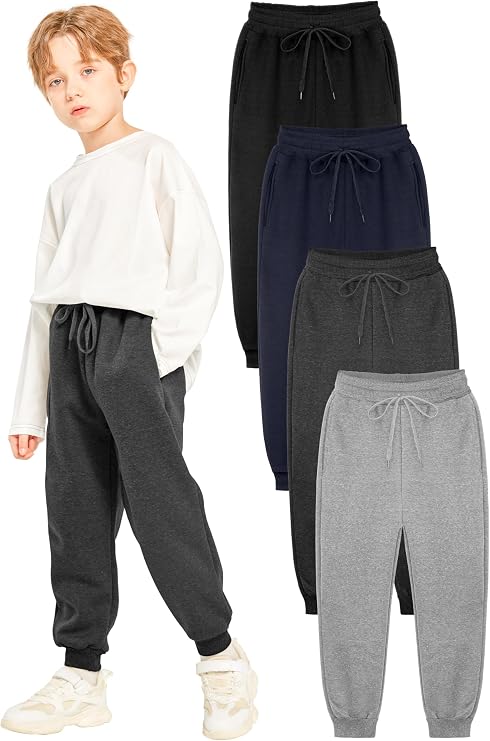 Resinta 4 Pack Boys' Fleece Sweatpants Kids Athletic Jogger Pants with Pockets Drawstring