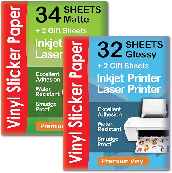 Premium Printable Vinyl Sticker Paper Matte for Inkjet Printer 34 sheets + Premium Printable Vinyl Sticker Paper Glossy for Inkjet Printer 32 sheets for DIY projects| by AGODEO