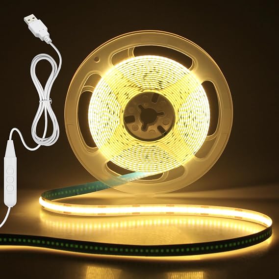 Aclorol USB COB LED Strip Light 4M Warm White 3000K Dimmable 320LEDs/M Dotless Flexible 8mm Width Tape Light with Self-adhsive Cuttable for TV Backlight Wardrobe Cupboard Home Lighting Projects CRI85+ [Energy Class D]