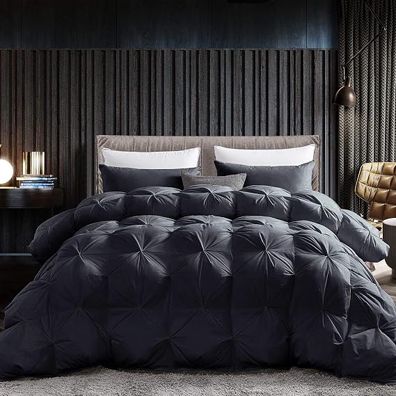 Luxurious All-Season Goose Down Feather Fiber Comforter King Size Duvet Insert, Exquisite Black Pinch Pleat Design, Premium Baffle Box, 100% Egyptian Cotton Cover, 70 oz. Fill Weight, Black