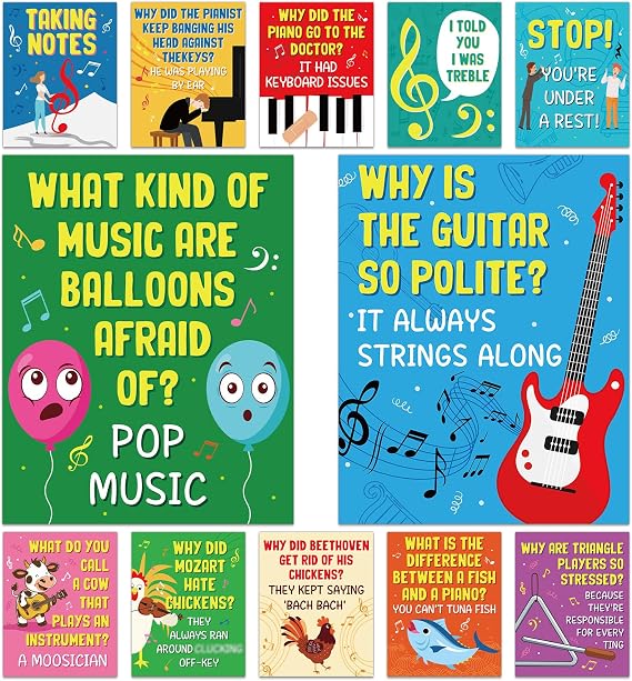 gisgfim 12Pcs Music Posters for Classroom Music Puns Poster Funny Musical Posters Bulletin Board Decorations Teacher Supplies for Elementary Middle High School Educational Wall Art Decor 14 x 11 In