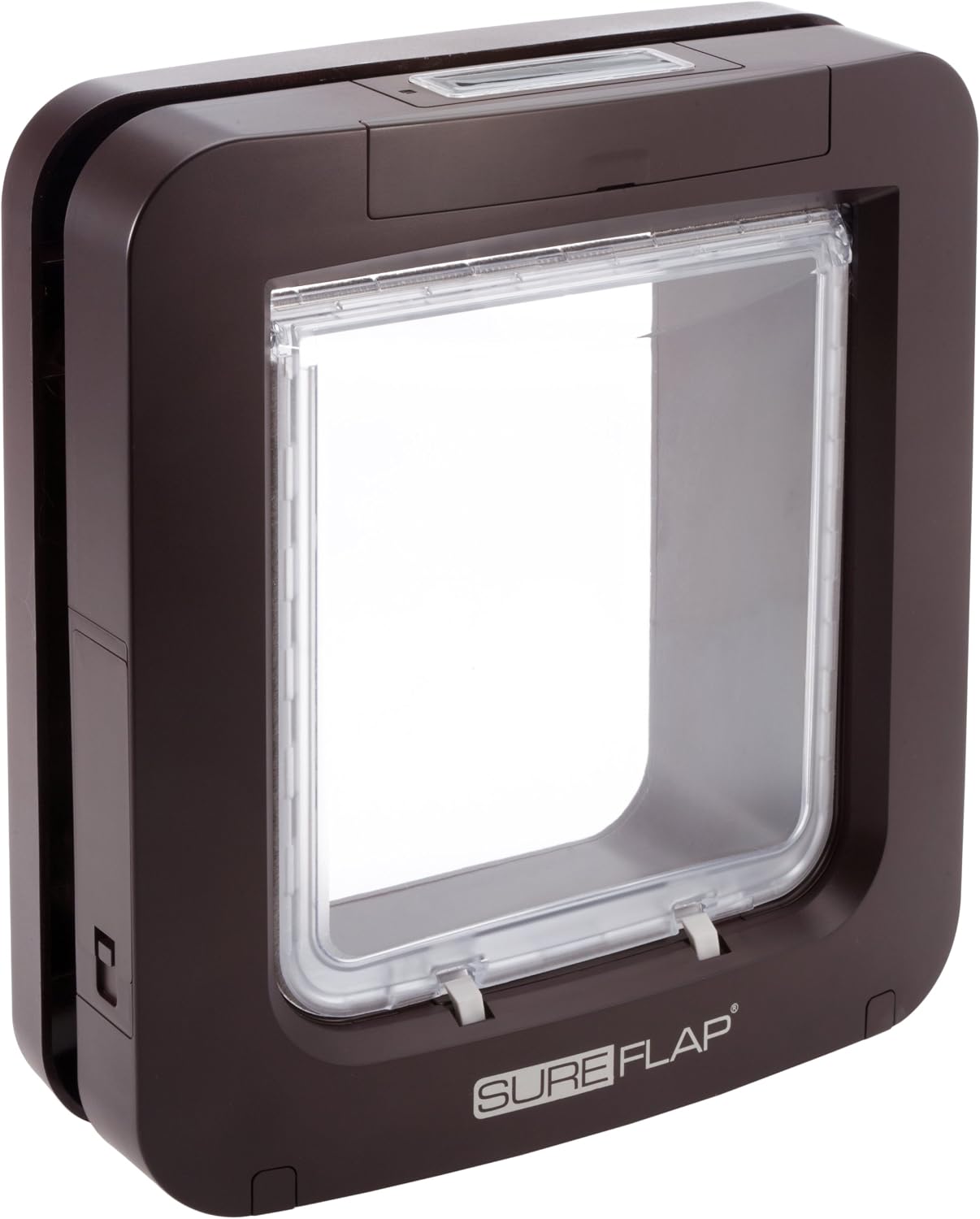 SureFlap Sure Petcare Microchip Pet Door for Cats and Small Dogs with Curfew Timer, Compatible with RFID Collar Tags and Microchips, 1-Button Control, Brown, 4xC Cell Batteries Required, Not Included