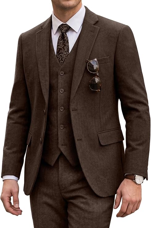 Tweed Men's Suit 3 Pieces Slim Fit Wedding Suit Grooms Prom Brown Herringbone Suits for Men Tuxedos Suit Set