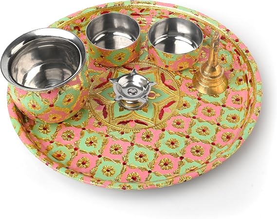 Pooja Thali Set with Essential Pooja Articles for Rituals Festivals Home Temple Office Wedding and Gifting (Pink & Green)