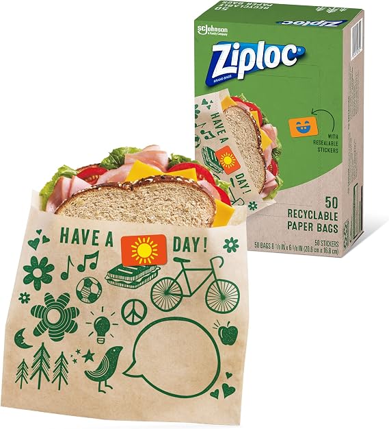 Ziploc Paper Sandwich & Snack Bags, Sealable, Fun Designs, 50 Count