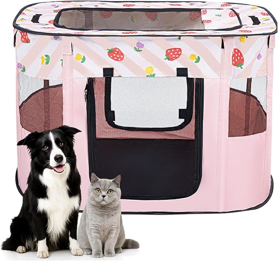 Foldable Pet Playpen, Portable Small Dog Cat Crate, Soft Indoor Outdoor Pet Cage, Puppy Playpen with Mesh Panels, Dog Tent, Cat Playpen, Travel Pet Puppy Cage for Pets (Pink-S)