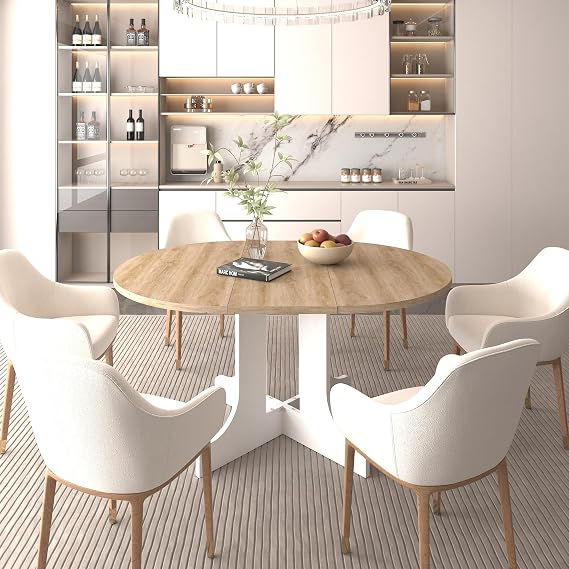 59'' Round Expandable Dining Table,Wood Extendable Dining Room Table Kitchen Table, Dinner Table, Long Dining Table for Kitchen