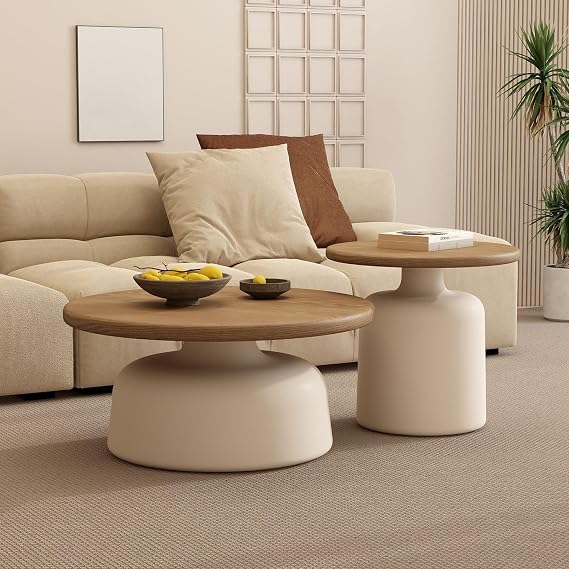 Nesting Coffee Table Set of 2,Modern Round Center Coffee Table,Easy to Assemble,Space-Saving,for Living Room Apartment Balcony Bedroom(White+natural)