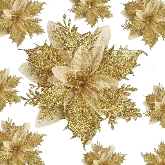 10 Pcs Christmas Artificial Flowers with Clips Stems Xmas Tree Decoration Glitter 5.5inch Poinsettias Faux Christmas Flower for Wreath Garland New Year Wedding Home Party Ornament, (Gold)