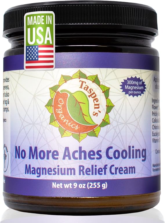 Taspens Organics Magnesium No More Aches Cooling Cream Topical Magnesium Cream for Muscle Relief, Sore Muscles & Post-Workout Recovery with Arnica, Herbs & Essential Oils