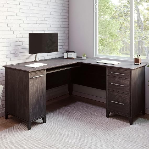 Realspace Koru 60"W L-Shaped Corner Computer Desk With Integrated Power & Charging, Espresso Oak, BIFMA Compliant
