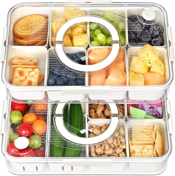 2Pack Divided Snackle Box with Lid and Handle, Stackable Serving Tray with Removable Compartments, Multi-Grid Food Organizer for Travel, Appetizers, Charcuterie, Bento, Picnic Snacks